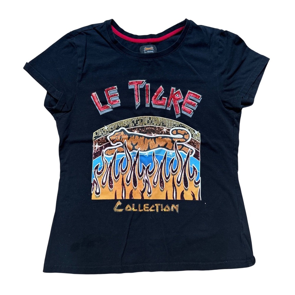 Le Tigre Graphic Tee Women Black Excellent Sequin Flame Tiger F21KT030 SIZE M